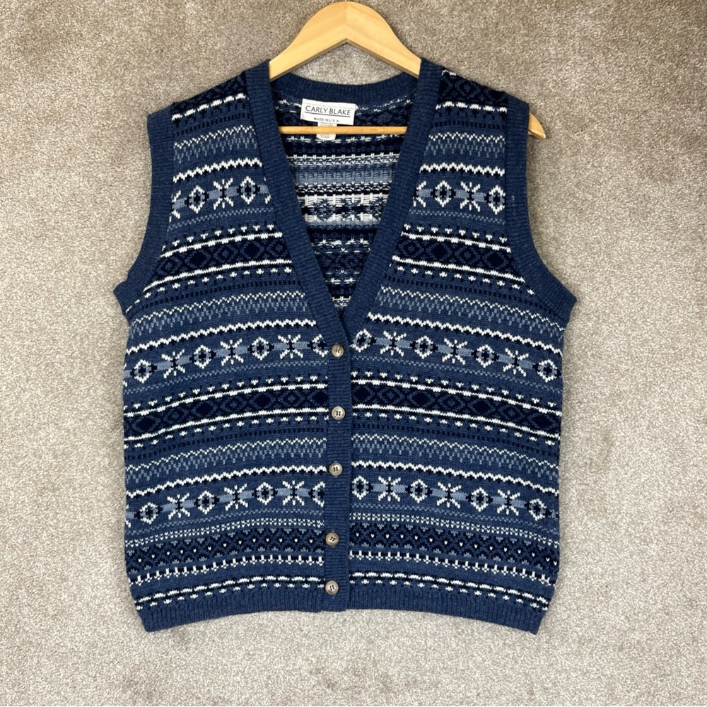 Carly Blake Vintage Cardigan Vest Womens Extra Large Blue White Button- 3984